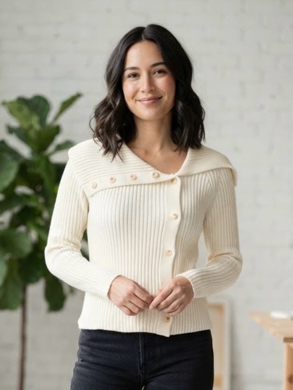 Cider | Cream Ribbed Asymmetric Button-Front Cardigan | Sz L